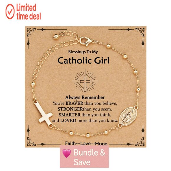 Virgin Mary Cross Charm Bracelet 14k Gold Plated 6 Inch - Picture 1 of 7